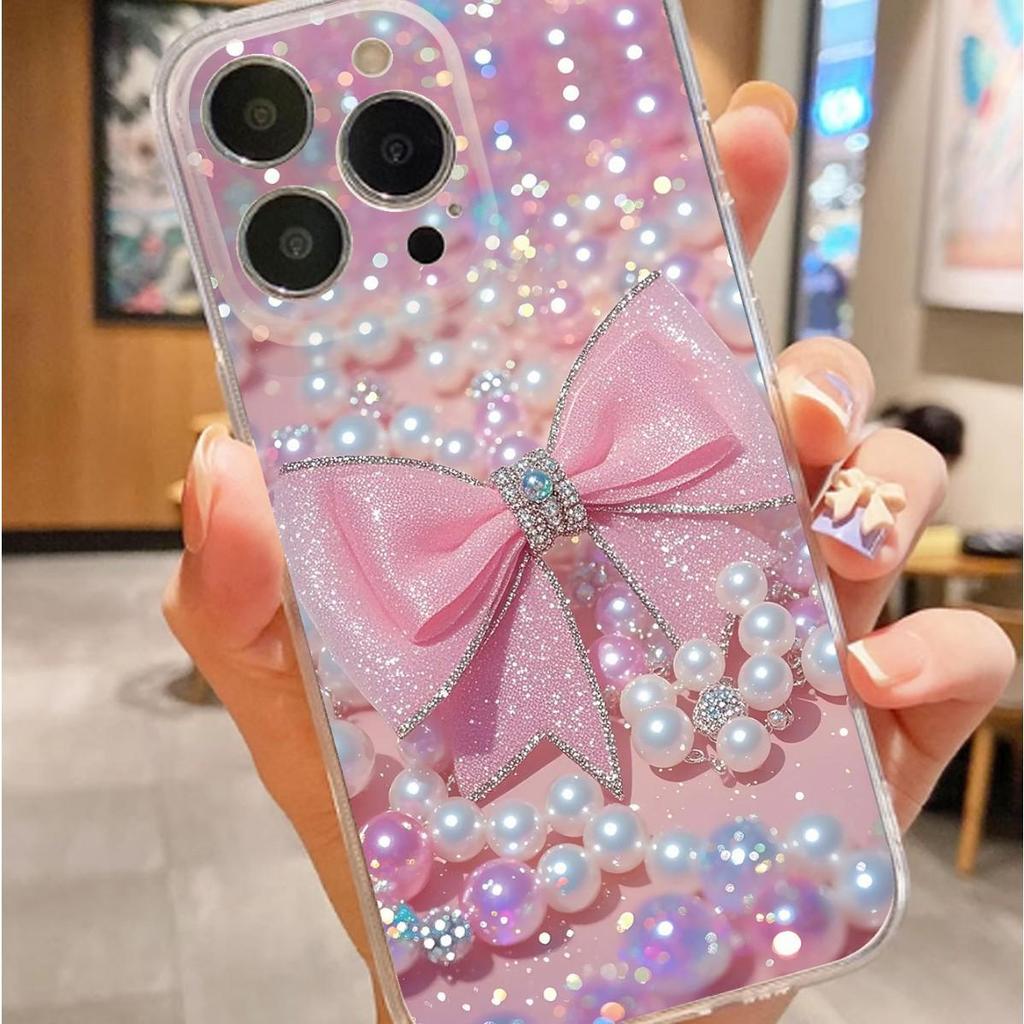 Coque transparente anti-chute avec nœud en perles pour la série iPhone 14/15/16/17 Pro Max