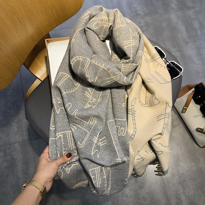New Thick Tassel Scarf for Women Cat Print Imitation Cashmere Shawl Sun Protection Autumn and Winter Windproof Scarf