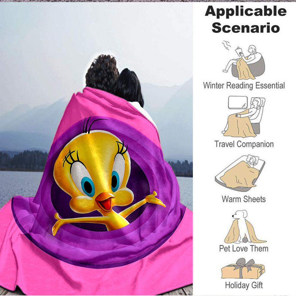 1 szt. Koc flanelowy Tweety Looney Tunes, Miękki, przyjazny dla skóry, z drukiem cyfrowym, Dostępny w różnych rozmiarach dla rodziny, przyjaciół, na urodziny