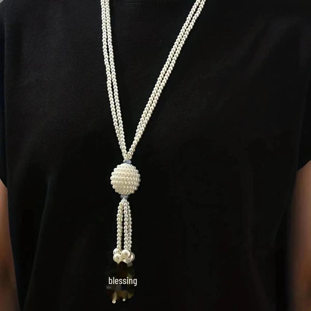 Colier Elegant Lung cu Ciucure din Perle și Cristale pentru Femei