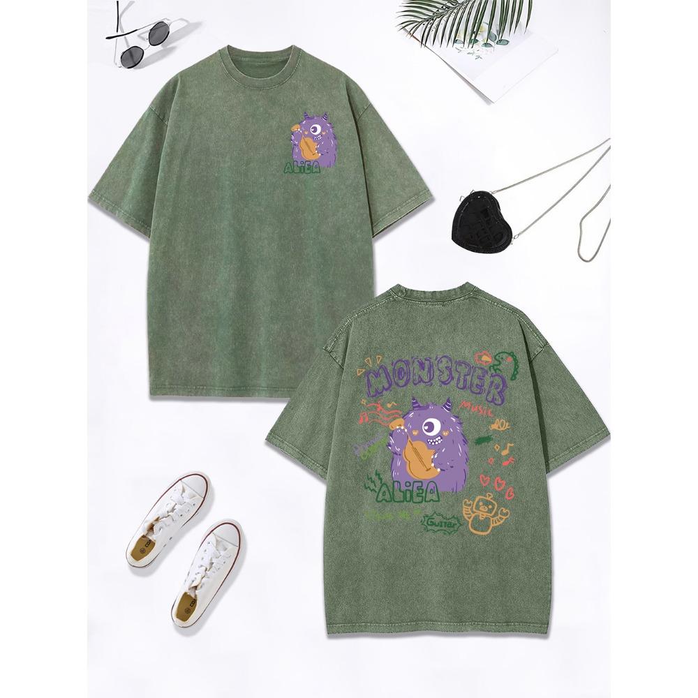 Purple Plush One-Eyed Monster Prints Washed T-Shirts Women Cotton Oversized Tops Comfortable T Shirt Summer Woman Clothes