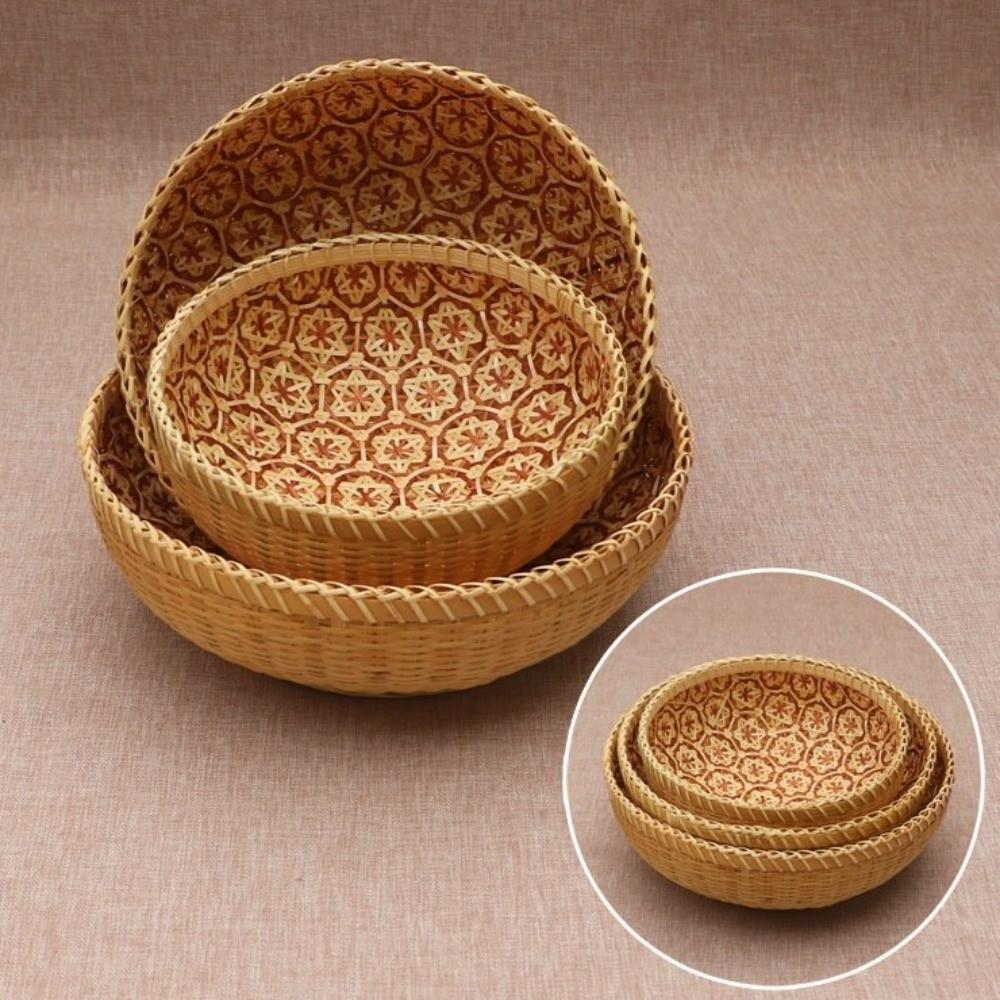 Rustic Hand Woven Bamboo Basket Ventilated Space Saving Round Foldable Tray Sturdy Storage Basket Kitchen Storage