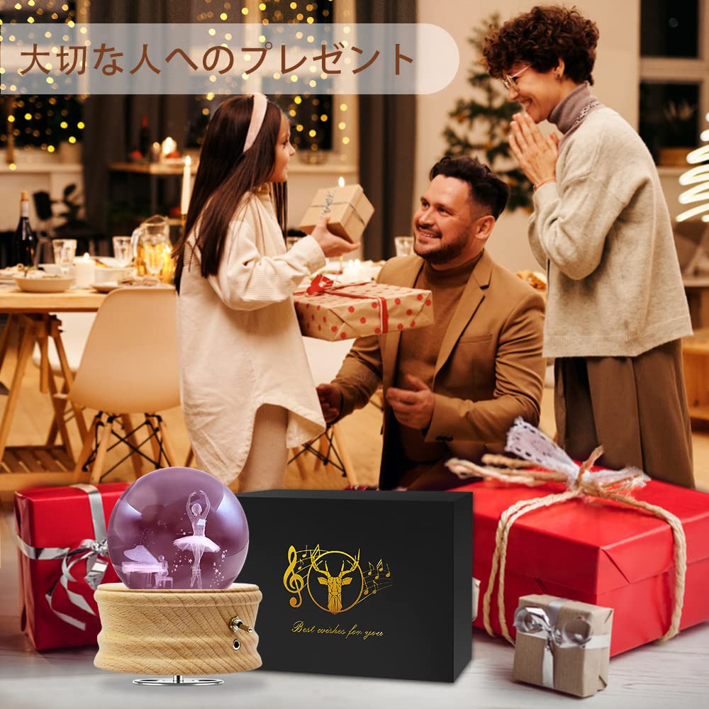 Cutie Muzicală Mozalida Balerină Cristal Zi Crăciun Zăpadă RGB Colorat Lună Ambient Noptieră LED USB Proiecție Elegant Lemn Făcut Manual Drăguț Liniștitor