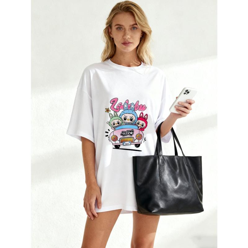 Women's Short-Sleeve T-Shirt with Colorful Cartoon "Zakubu" Bunny Characters & Pink Car Print