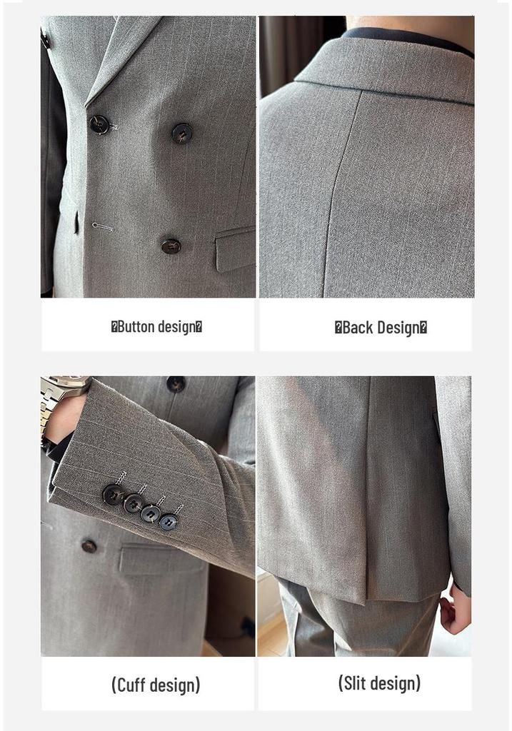 Men's Striped Double-Breasted Slim-Fit Business Casual Suit
