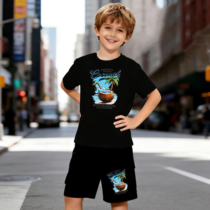 

Boys 2 Piece Tropical Coconut Breeze Themed Print Outfit, Short Sleeve T-Shirt and Shorts Set for Kids Age 5-14, White Sporty Casual Summer Clothes 5-6 Years чёрный