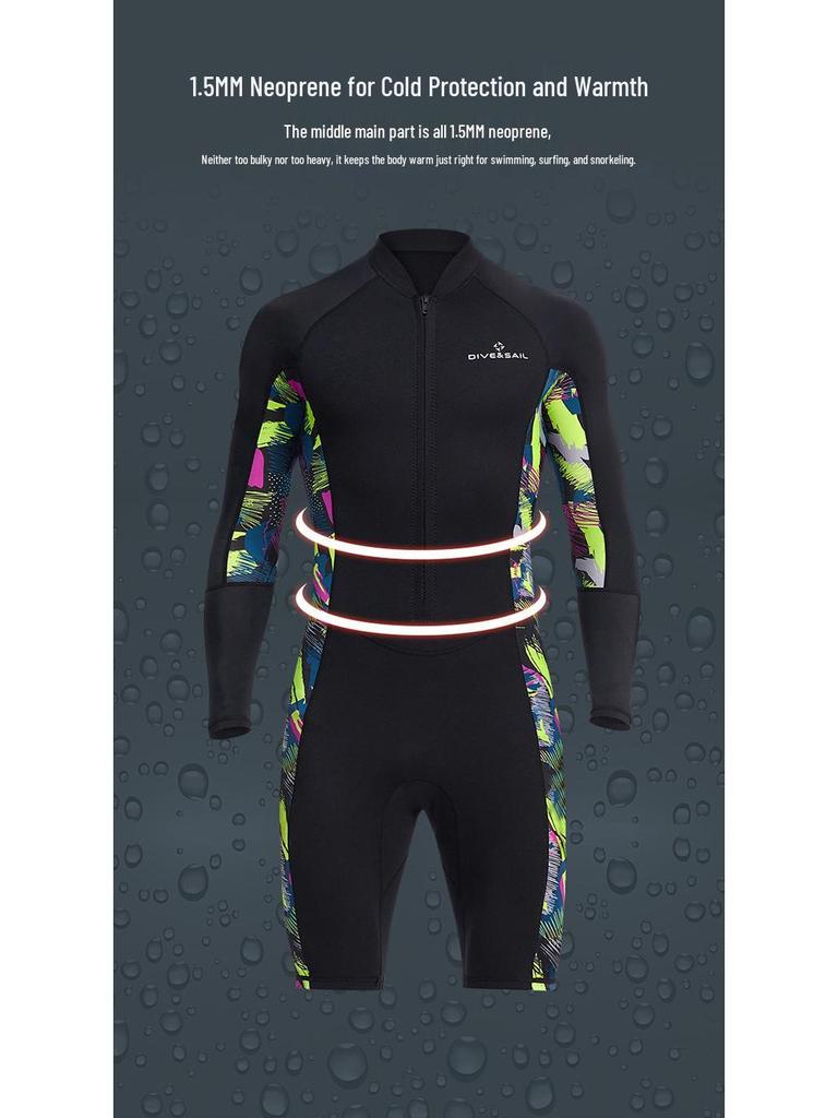 Men's 1.5mm One-Piece Long Sleeve Wetsuit for Diving, Snorkeling, and Surfing - Lycra Sun Protection.