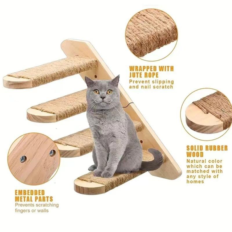 Natural Wood Cats Climbing Ladder Wall Mounted Space Efficient Design Activity Toy For Small Home And Pet Entertainment