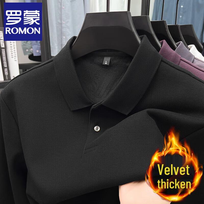 Romon Men's Fleece-Lined Cotton Long Sleeve Polo Shirt