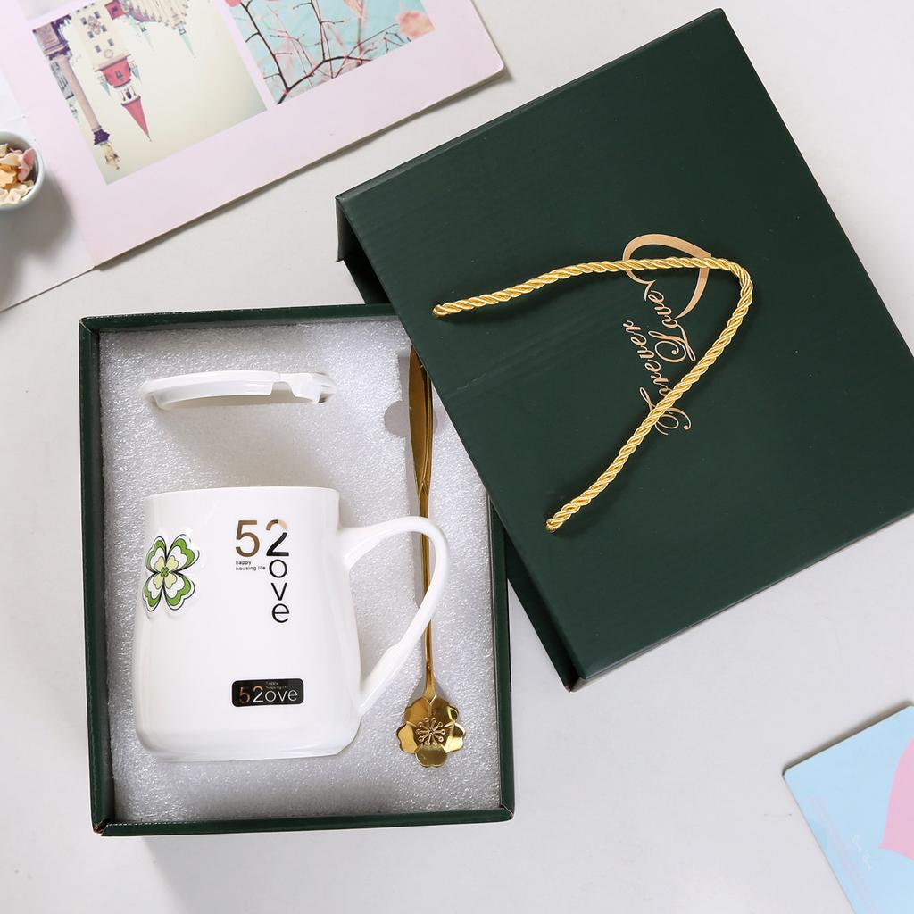 Paartasse Keramiktasse mit großem Fassungsvermögen mit Deckel und Löffel