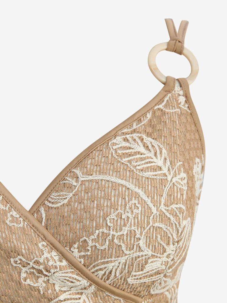 Rosegal Plus Size Floral Leaves Embroidered O-Ring Crisscross Strappy Tassel Textured Split A Line Cami Dress