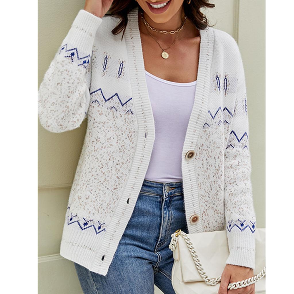 Women Knitted Coat V Neck Special Print Color Contrast Button Closure Long Sleeves Sweater Coat for