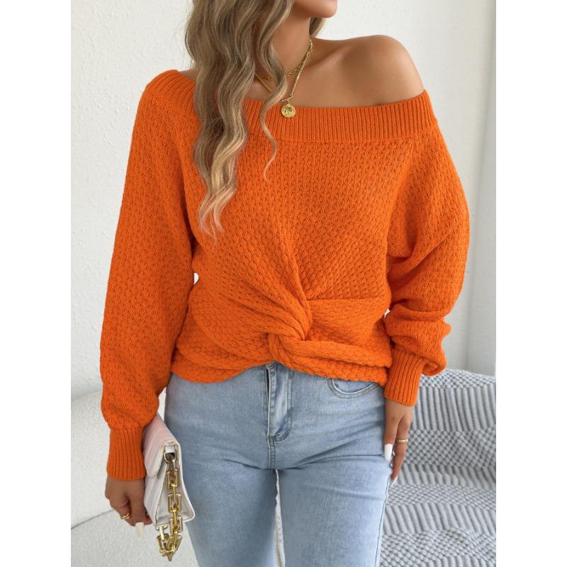 European American Casual Solid Color Off Shoulder Knot Long Sleeve Women Sweater