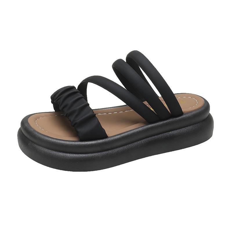 

Summer simple and fashionable outer wear two wear muffin slippers women thick bottom pleated cool slippers women 40 чорний