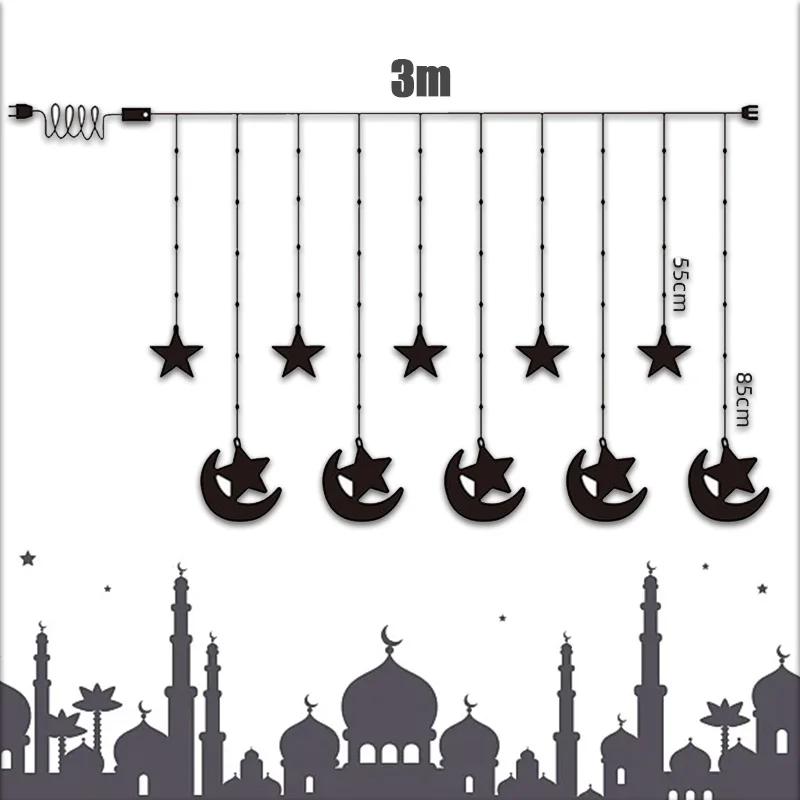 Ramadan LED Curtain Lights with Moon Castle and Stars Eid Mubarak Islamic Party Decor for Window Bedroom Wall Decoration