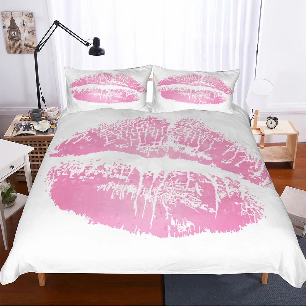 Rote Lippen Königin King Bettbezug 3D Sexy Lippen Himbeere Bettwäscheset für Mädchen Frauen Kuss Pink Weich 2/3-teilig Bettdeckenbezug Kissenbezug