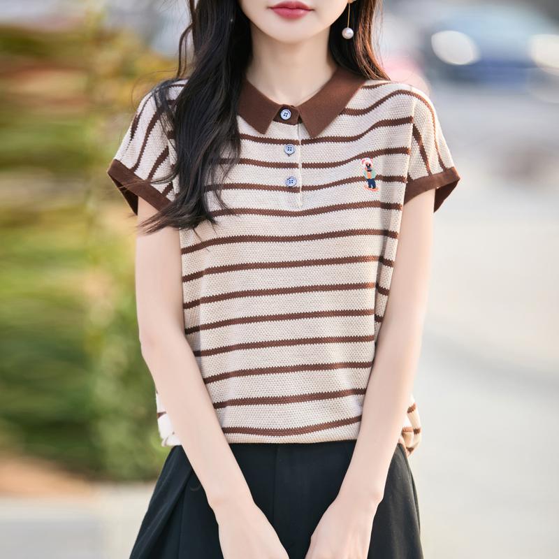 Women Knit T-shirt 100% Wool MODERN NEW SAGA Summer Knitted Shirt Short Sleeve Tees Turn-down Collar Patchwork Pullover Knit Tops