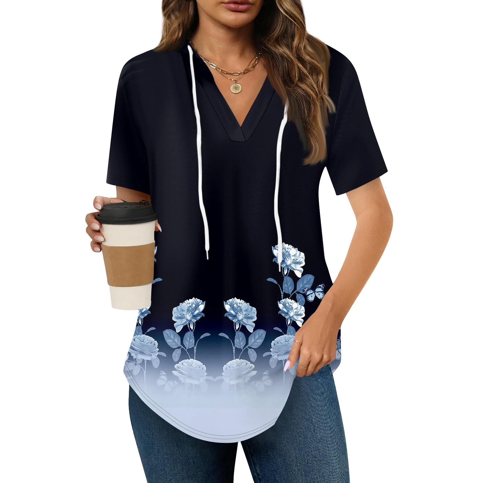 

Жіночі літні футболки з V-подібним вирізом, худі з коротким рукавом, туніки, топи, повсякденні вільні туніки, світшоти S