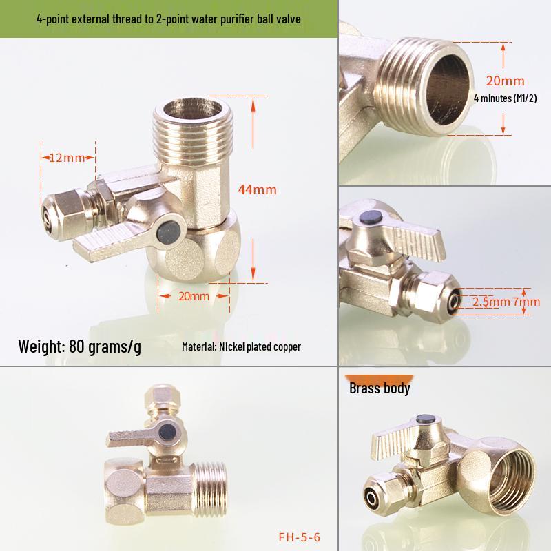 Household Water Purifier Tee Connector 4 to 2 Point Ball Valve for Filter and Dispenser