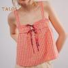 Sexy Weste für Damen, kariertes Sling-Top mit Schnürdetail, lockere Passform, kurze Tanktops, verstellbare Brustdekoration