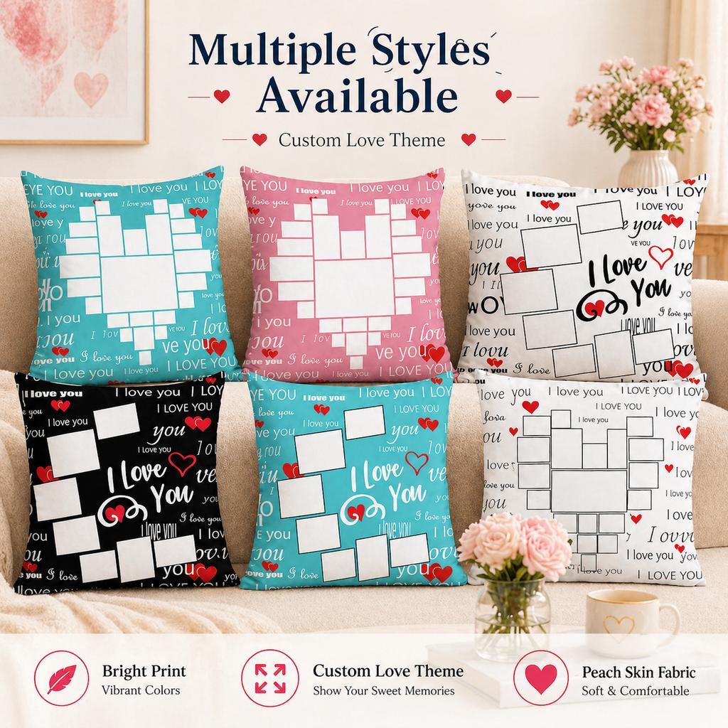 Custom Photo Pillow Cover Personalized Heart Collage Cushion Case Peach Skin 2D Flat Print For Valentine Gift Sofa Home Decor