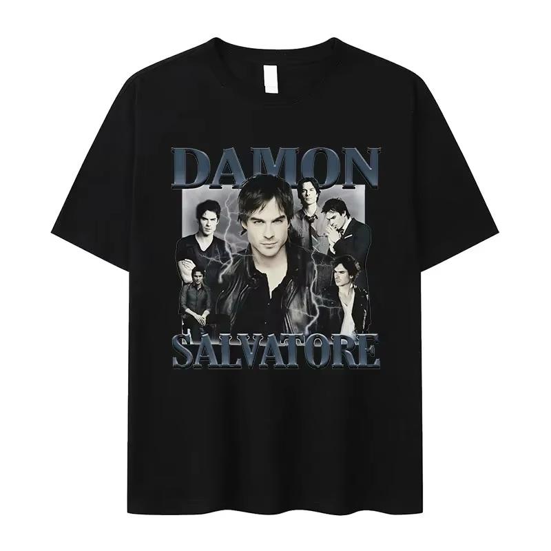 Damon Salvatore IanSomerhalder TV Drama Pattern Tshirt for Men Women Retro Gothic Fashion Oversized Shirt Short Sleeve Casual Clothing