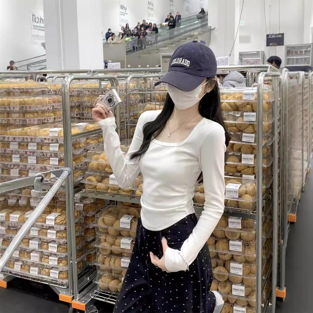 Irregular Curved Hem Long-sleeved Bottoming Shirt Women's Spring Waist Pinch Pleated Shoulder T-shirt Pure Desire Style Top