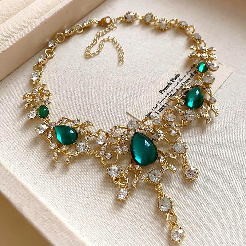 Turquoise Blue Diamond Flower Stud Earrings Necklace Light Luxury Niche Clavicle Chain Premium Jewelry Set