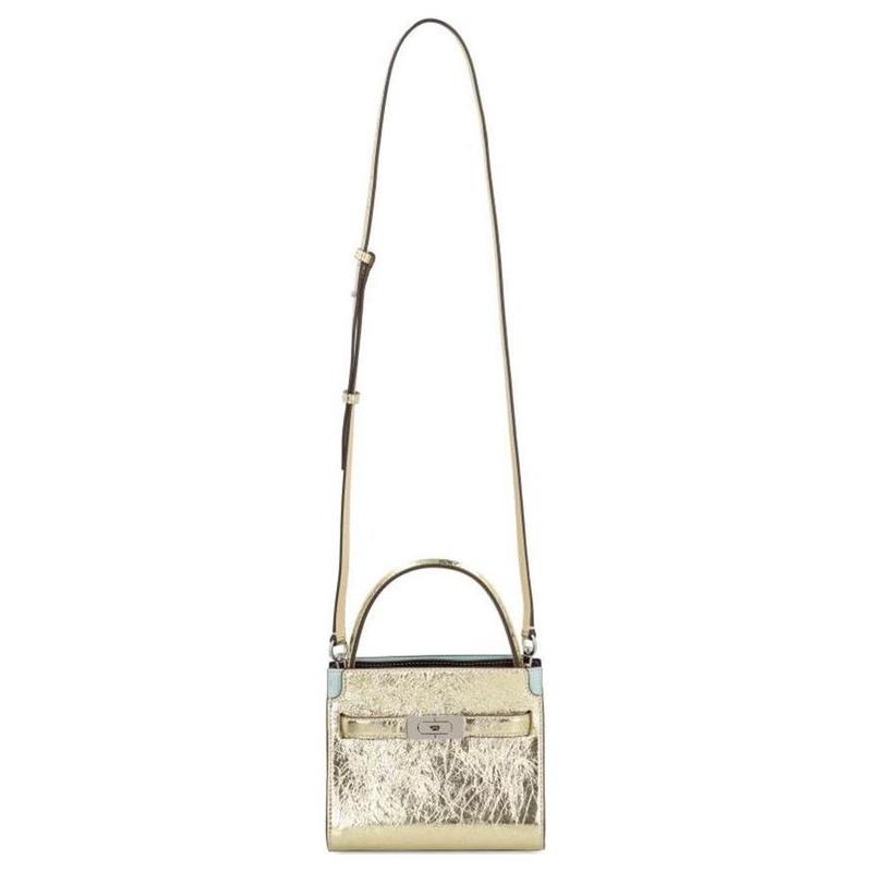 Tory Burch Lee Radziwill Logo Snap Closure, Pleated Leather and Suede, One-shoulder Crossbody Handbag, Regular Women's Gold 152442-701