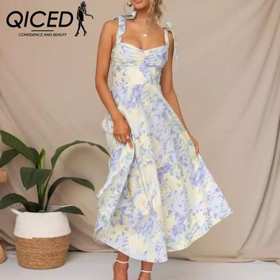 Vestido Mujer Halter Estampado Cuello V Cintura Eslbelta Largo Medio