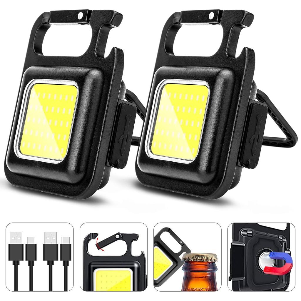 2/4Pcs Cob Keychain Work Light Keychain Flashlights 4 Light Modes,Keychain Light Emergency Light with Folding Bracket Bottle Opener for Camping
