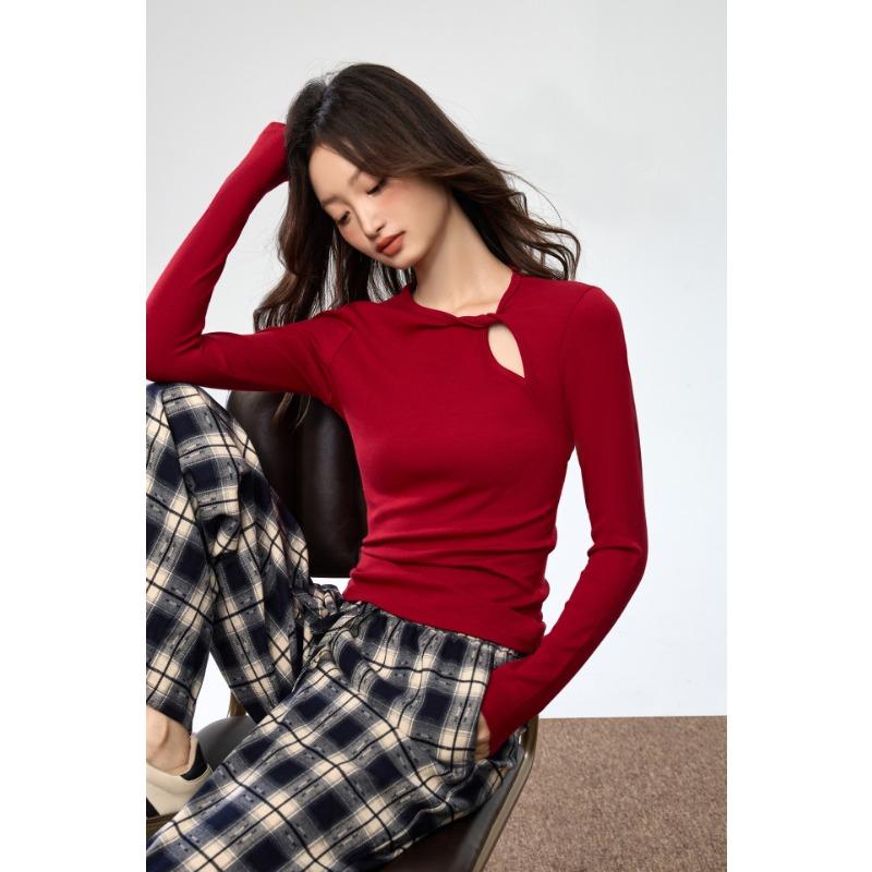 Frühling Herbst Einfarbig Ausgehöhltes Unterteil Damen Langarm Slim Knoten Pullover T-Shirt Temperament Top