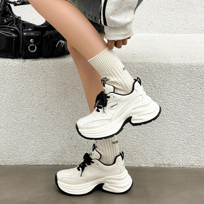 Thick-soled heightening dad shoes women's spring non-slip and wear-resistant leather soft and comfortable small casual sports shoes