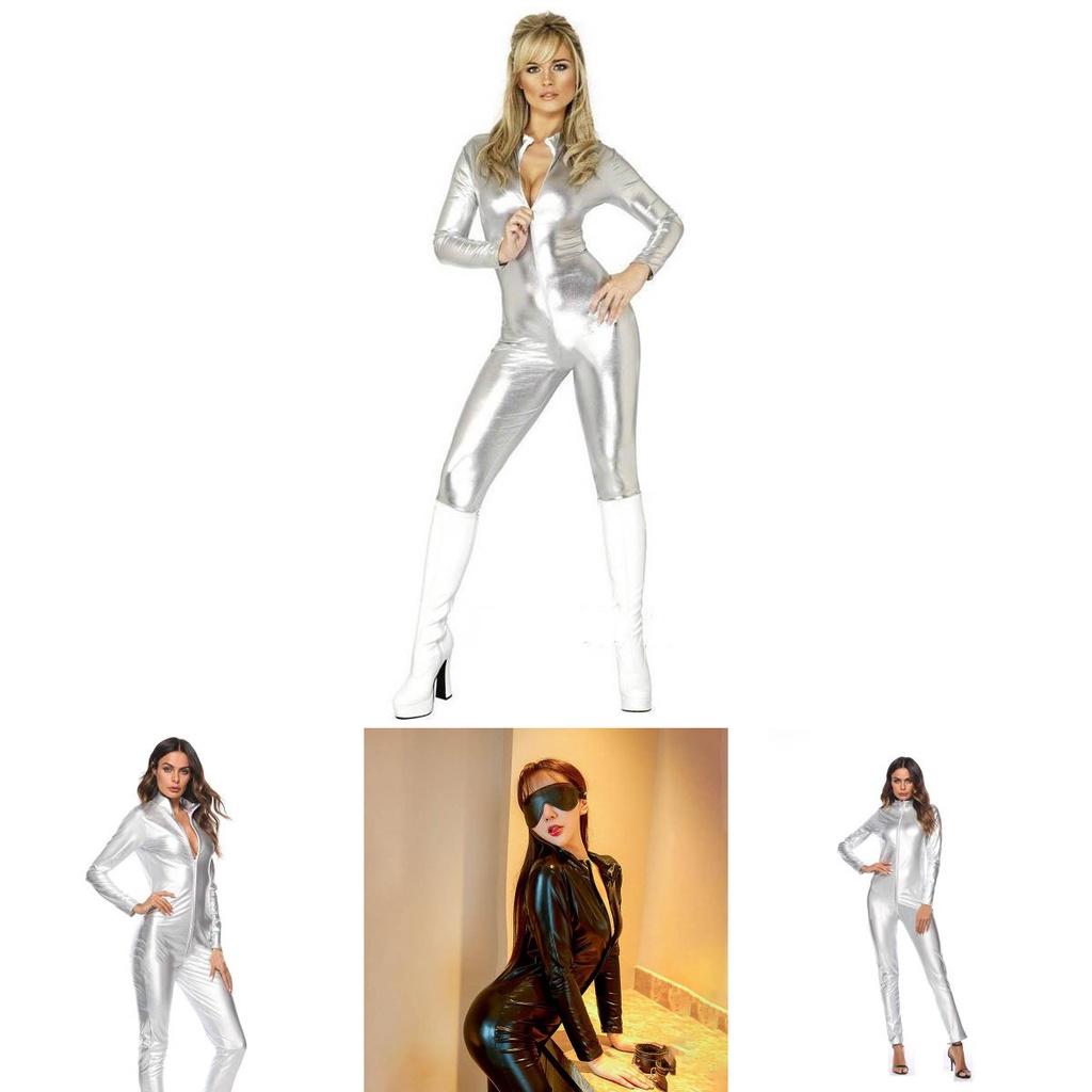 Smooth Touch Metallic Sexy Catsuit Jumpsuit With Double Zipper Closure For Parties