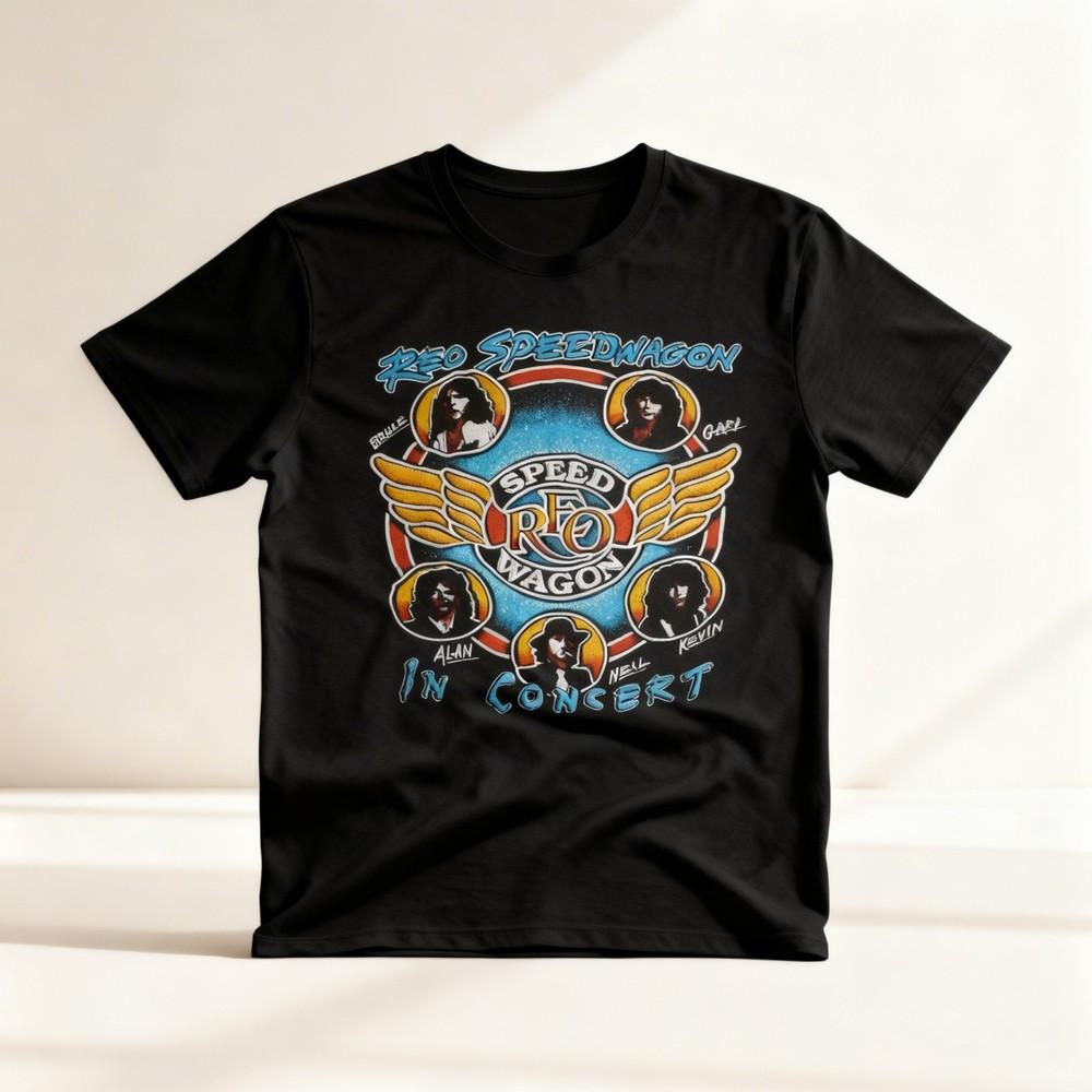 

Vintage 70039s REO SpeedWagon Concert Unisex all size Shirt Black Unisex T-Shirt L