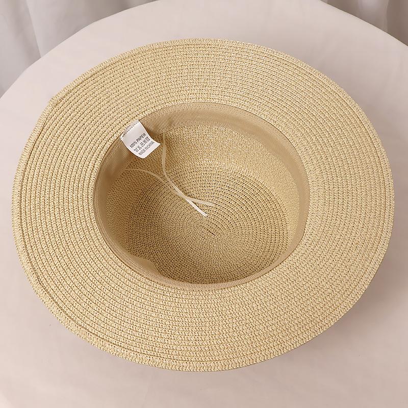 Hat women's summer sunscreen versatile top hat lace bow flat top wide brim straw hat travel photo seaside beach hat