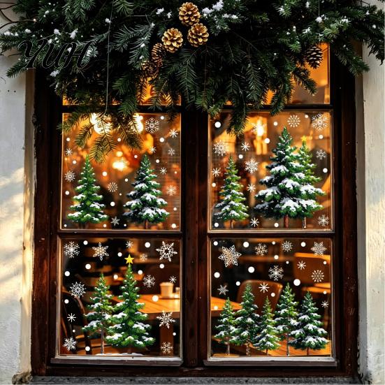 Reusable Glass Adhesive 2Pcs Christmas Snowflake Window Clings, Winter Green Pine Tree Static Decorative Film Stickers, Snow Dots Xmas Decals for Home