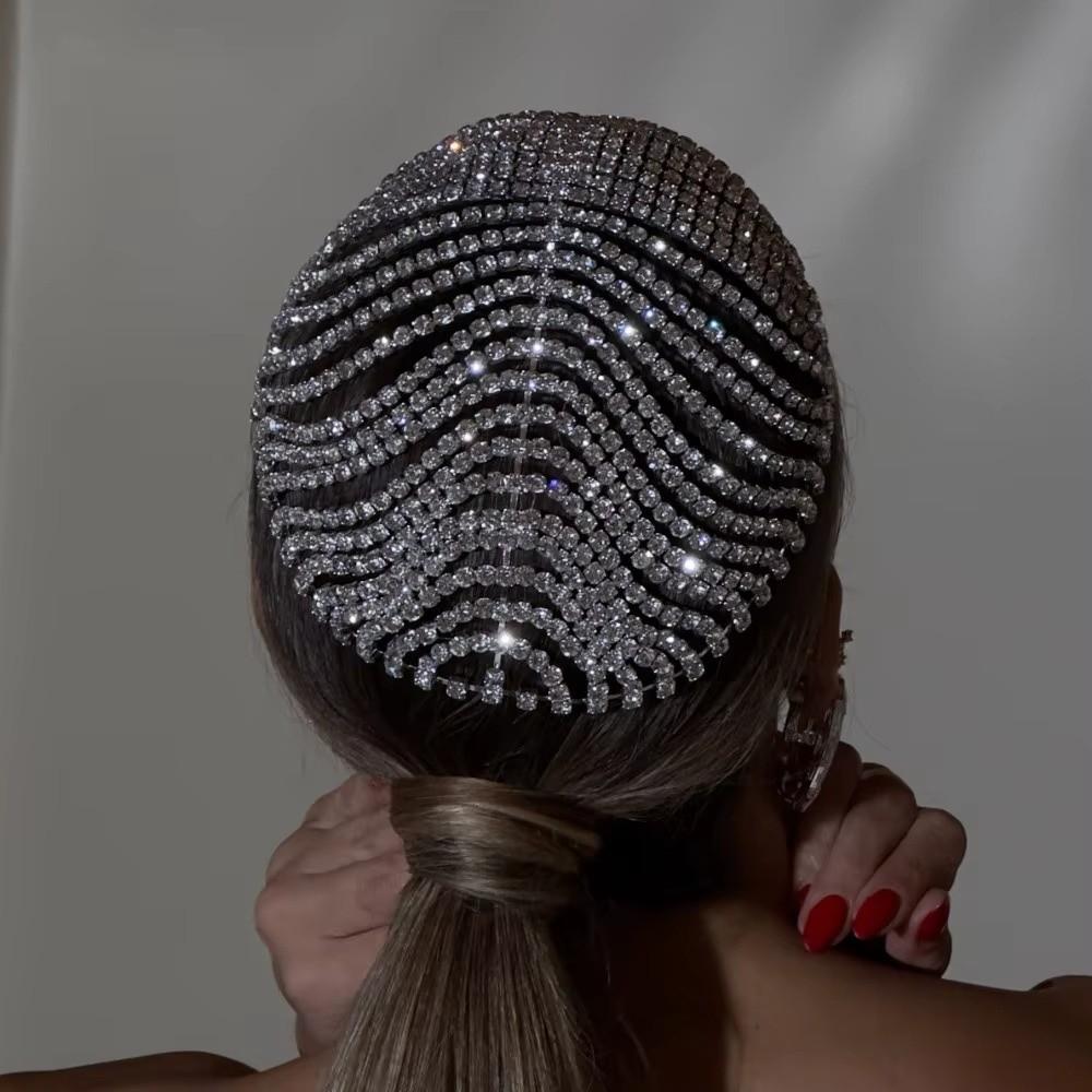 Elegant Shiny Headpiece Cap Glitter Crystal Head Chain Multi-Layer Rhinestone Headband Performance