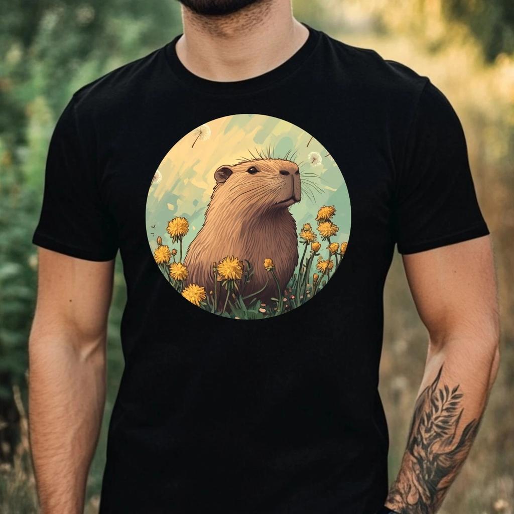 T-Shirt Herren Capybara mit Löwenzahn Motiv Baumwolle Größe XS bis 5XL