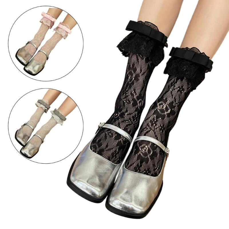 Women Japanese Style JK Girl Flower Lace Ruffle Frilly Ankle Socks Sweet Bowknot Elegant Student Middle Tube Dress Socks