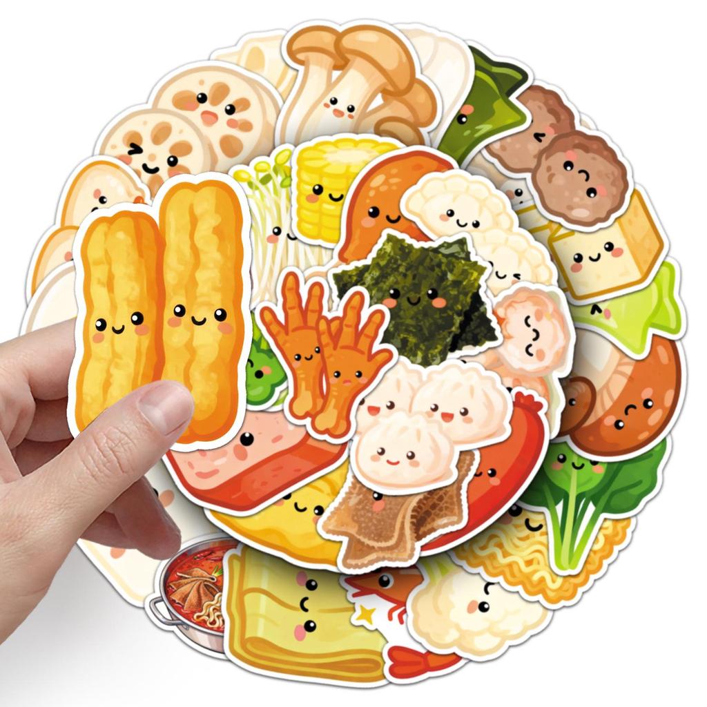 50-Sheet Cute Cartoon Hot Pot Ingredient Stickers for Journals & Decor