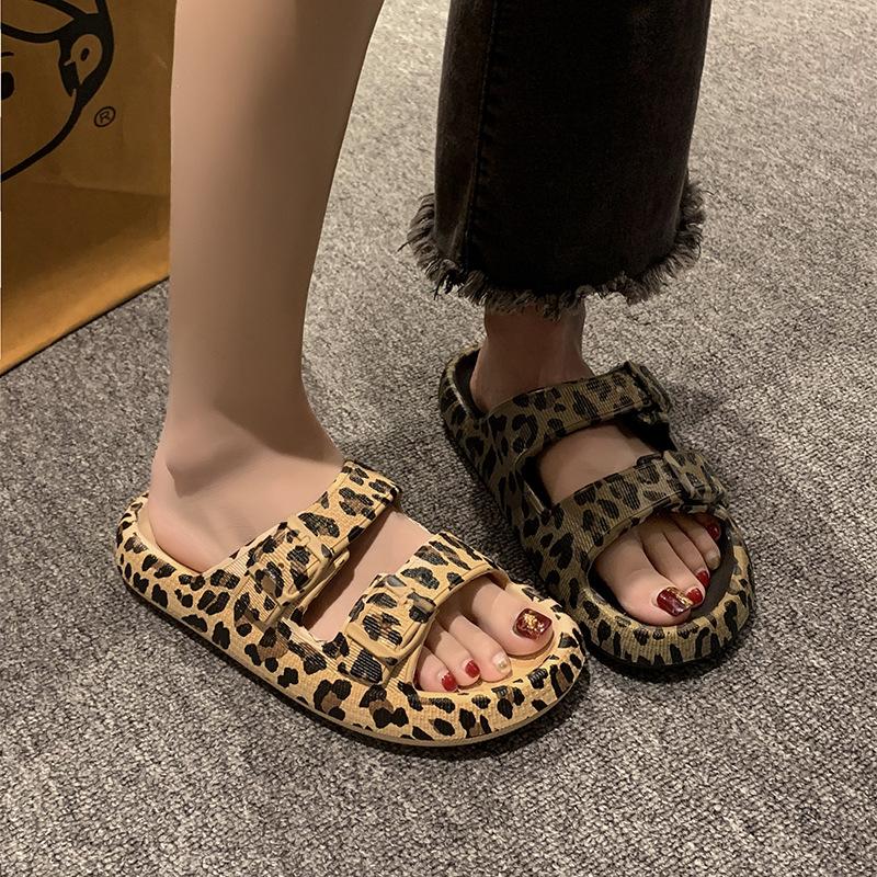 Summer Ladies Comfort Slippers Leopard Soft Thick-Soled Cloud Slides Travel Vacation Beach Shoes Ladies Sorals