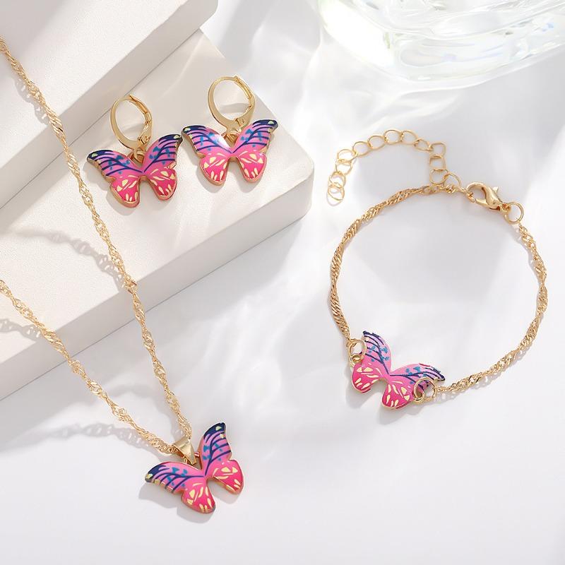 Pearl Butterfly Jewelry Set Oil Drop Butterfly Charm Pearl Bracelet Earrings Necklace Girls Jewelry Set