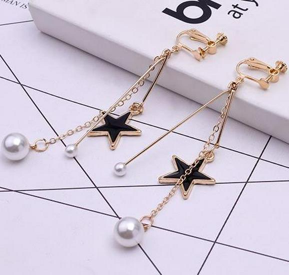 B136 Elegant Japanese & Korean Long Tassel Earrings for Women with Pearl & Star Design