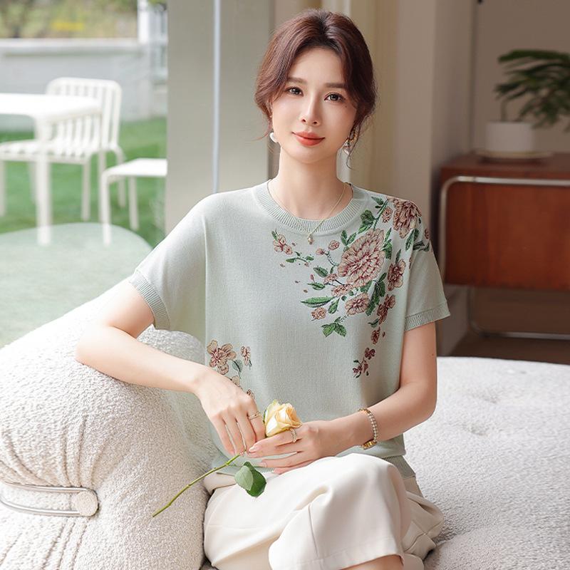 

Mulberry Silk Knit Round Neck Short Sleeve T-shirt for Middle-Aged Women - 2026 Summer Collection 3XL (for 120-135 jin) зелёный