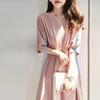 Imitation Bamboo Dress Summer V Neck Short Sleeve Waist Cinched Shoulder Dropped Dress for Women