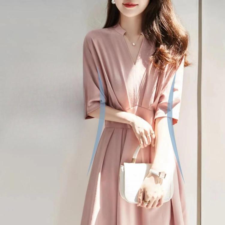 Imitation Bamboo Dress Summer V Neck Short Sleeve Waist Cinched Shoulder Dropped Dress for Women