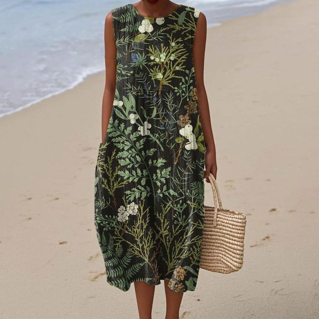 Summer European and American women's new sleeveless seaside vacation D printing dress