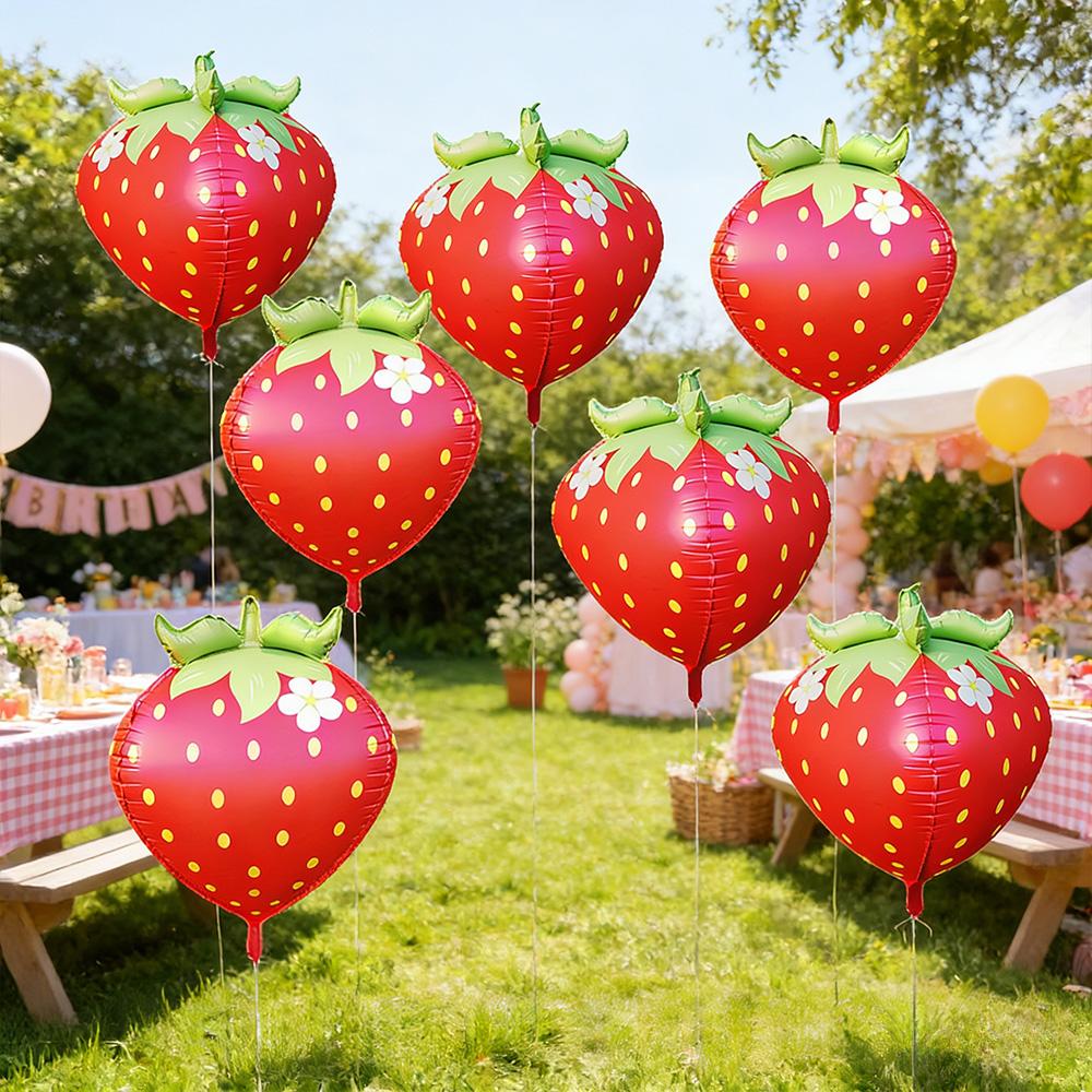 4D Fat Version of Strawberry, Matte Red, 6 Pieces, Strawberry Aluminum Foil Balloons, Suitable for Birthday Party Decoration, Strawberry Themed 
