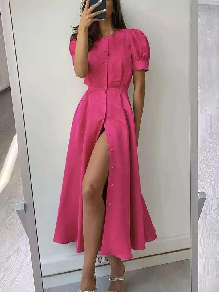2025 Women's Solid Color High-Waisted Slit Dress - European & American Fashion